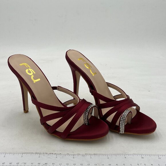 FSJ Wine Rhinestone Strappy Open Toe Sandals Stiletto High Heels Slip On Mules